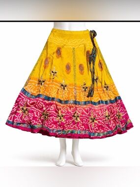 Soft surroundings boho 100% silk beaded painted maxi skirt 2X